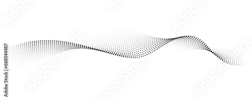 Flowing dot particles wave pattern halftone black gradient smooth curve shape isolated on transparent background. Vector in concept of technology, science, music, modern. © korkeng
