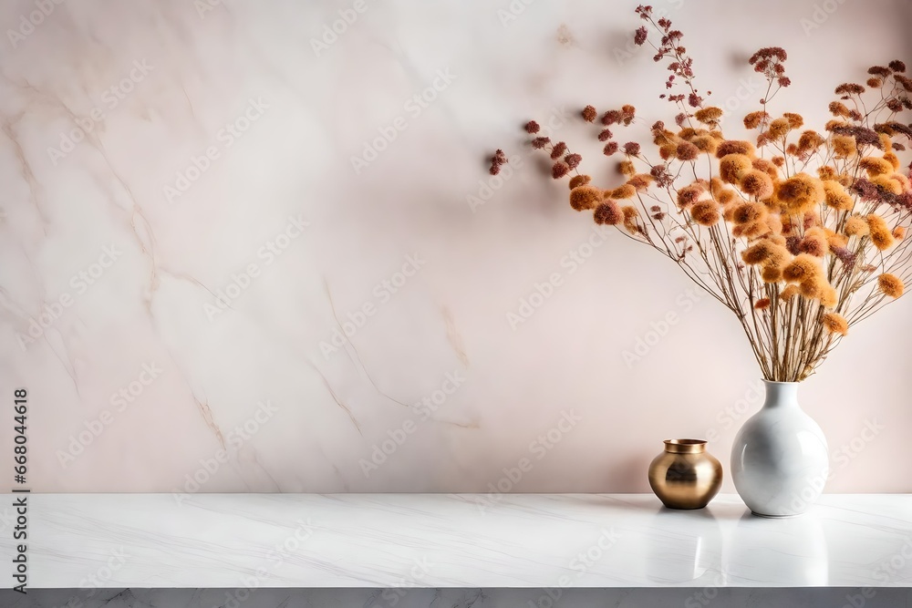white and golden vase with a flower on marble floor