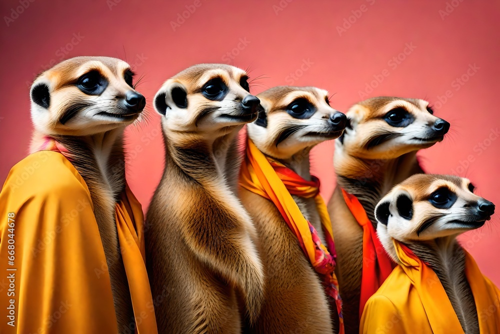 group of meerkat standing with wearing clothes