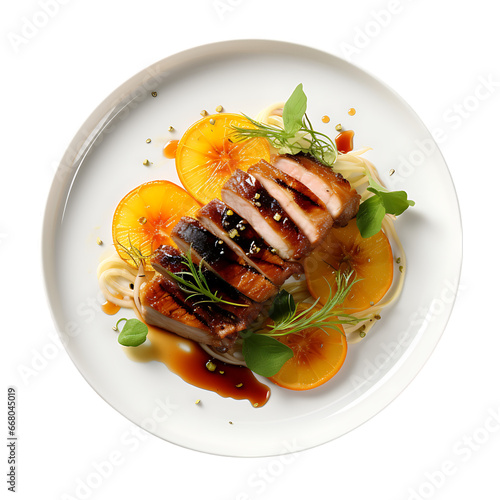 Top View of Gourmet Duck à l'Orange on White Isolated on Transparent or White Background, PNG