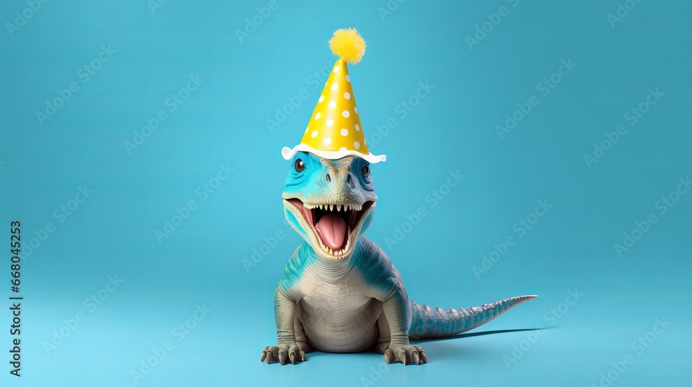Fototapeta premium dinosaur in birthday hat holding happy birthday sign on blue background - cute greeting card idea