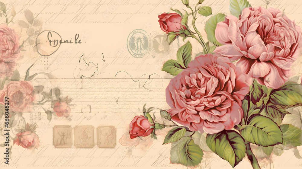Vintage rose background with handwriting and postmark. generative AI.