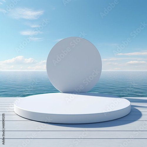 A Circular Platform Backdrop Set Against an Ocean Background