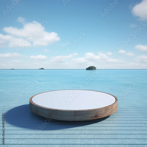 A Circular Platform Backdrop Set Against an Ocean Background © Adam