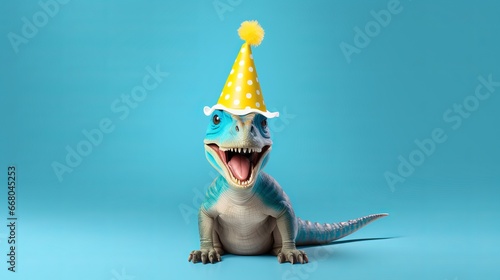 dinosaur in birthday hat holding happy birthday sign on blue background - cute greeting card idea