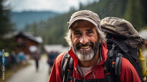 Mature hiker on the way in the mountain