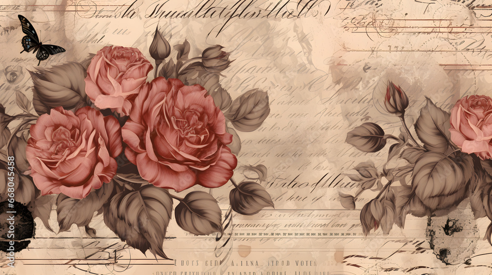 Vintage rose background with handwriting and postmark. generative AI.