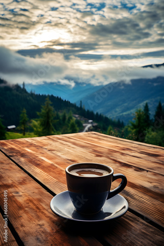 Coffee cup on wooden table in front of mountain landscape