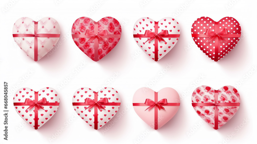 A set of gift boxes heart form for valentines day, holiday presents isolated on white