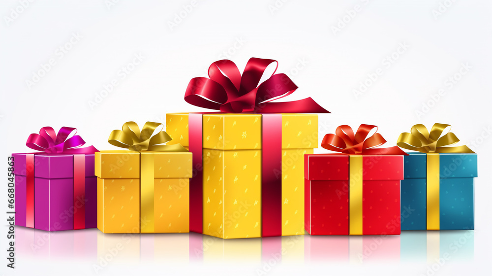 Obraz premium Illustration of gift boxes set, holiday presents isolated on white. Celebration holiday concept 