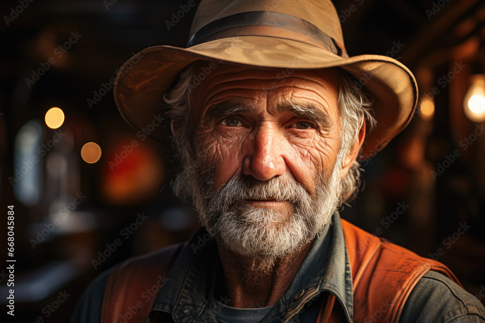 A rugged man with a distinguished face dons a sun hat, exuding timeless style and embodying the essence of the street A rugged man with a distinguished face dons a sun hat, exuding timeless style and embodying the essence of the street
