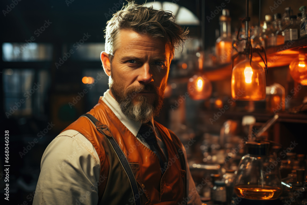 A rugged man with a beard and glasses sits confidently in a dimly lit bar, his vest adding a touch of sophistication to his casual attire A rugged man with a beard and glasses sits confidently in a dimly lit bar, his vest adding a touch of sophistication to his casual attire