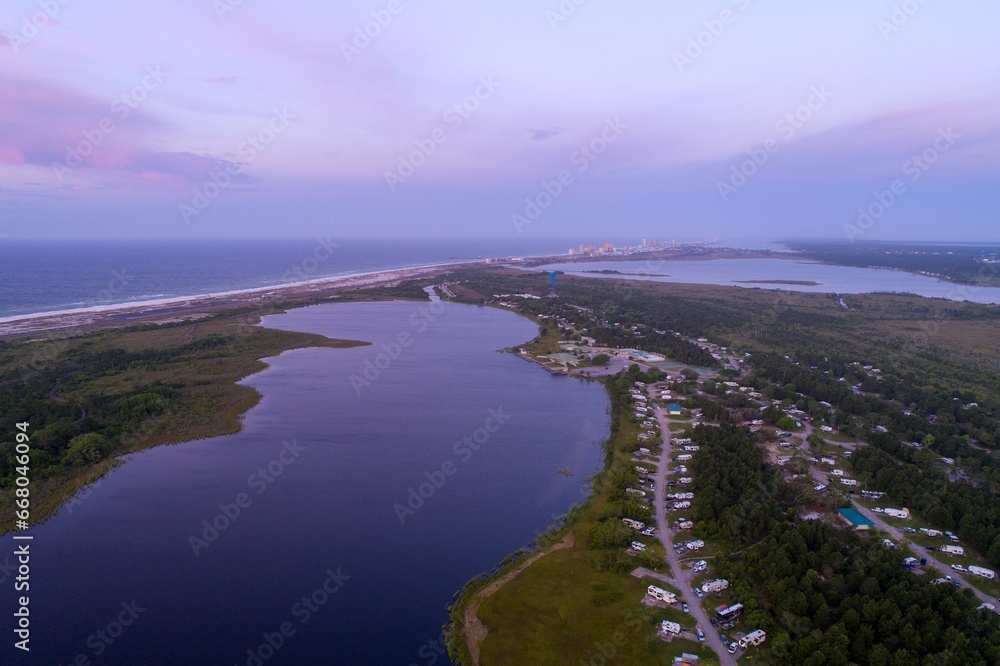Aerial view of Gulf Shores at sunrise