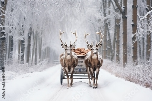 Deer are driving a cart in a snowy forest on a snowy road on the eve of the New Year and Christmas holidays © LELISAT