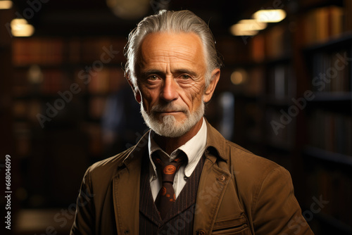 An elegant elderly man in a suit stands in a library among many books