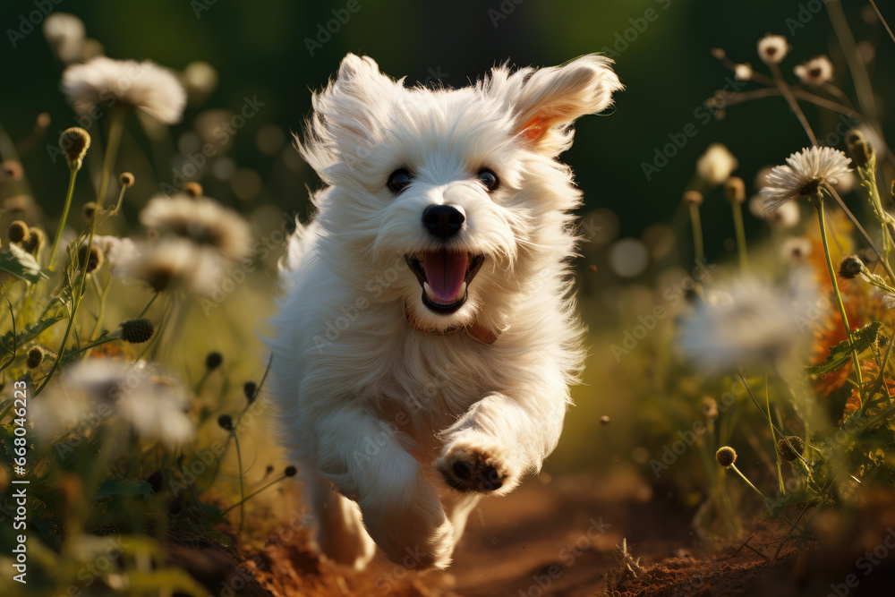 Funny cheerful puppy playing outdoors. Close-up of a playful dog. 