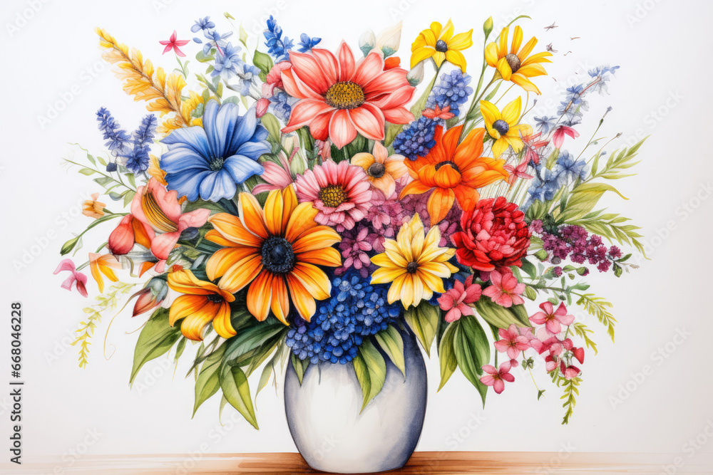 Bouquet of colored flowers in a vase in drawing style