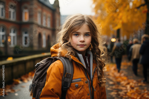Portrait of a smiling girl with a backpack on her back. Autumn colors.