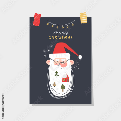 Merry Christmas greeting card with cute santa claus and hand drawn lettering.