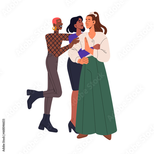Polyamorous LGBT couple hugs. LGBTQ community, non binary, gay, lesbian relationship. Nonbinary persons love each other. Homosexual women. Gender identity. Flat isolated vector illustration on white