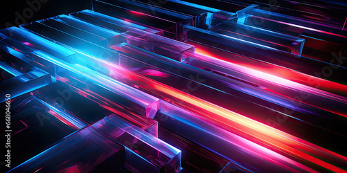 Futuristic neon-lit cubes in a dark, cyberpunk cityscape.