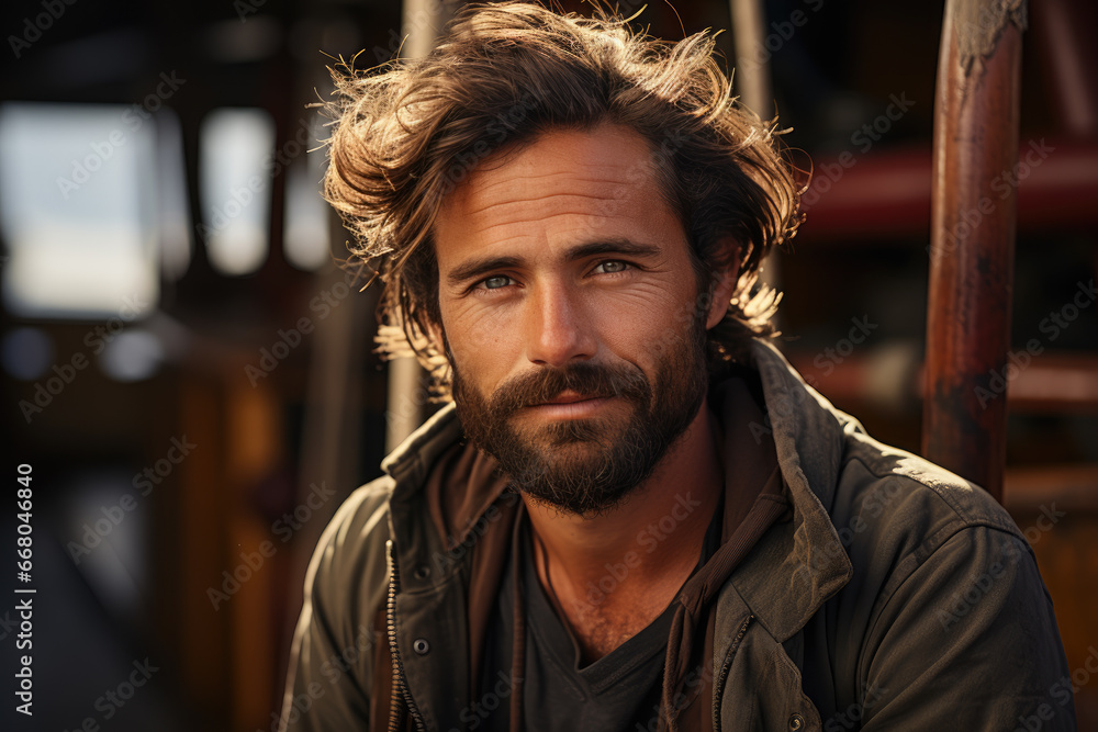 Obraz premium A rugged man with a stylish beard and mustache stands confidently on the busy city street, his face a portrait of strength and masculinity