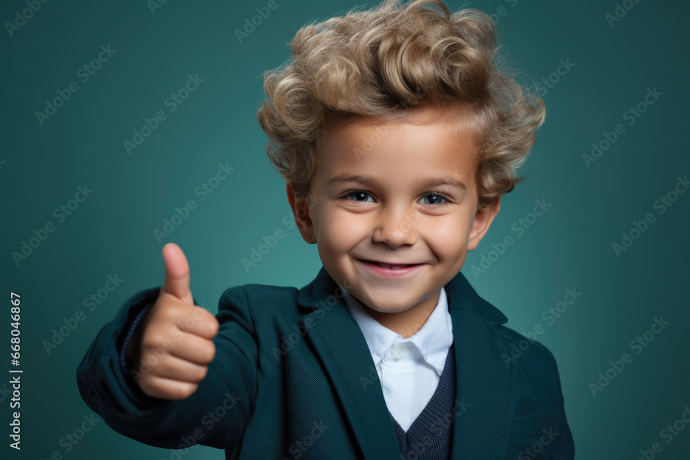 Small child boy in suit showing thumb up Small child boy in suit showing thumb up