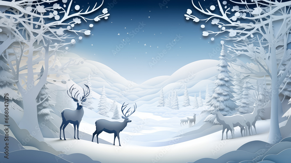 snow winter, a christmas tree, Santa Claus, reindeer, in white paper cut art