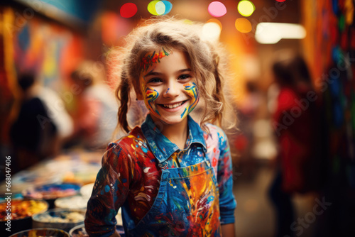 Little girl stained in multicolored paints