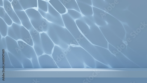 Light empty space with a caustic effect from the water reflection on the wall and pedestal for showcasing beauty products.