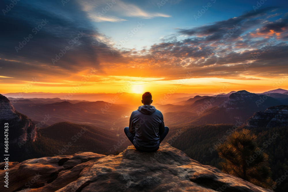Man meditating in the mountains at sunset, travel concept, harmony with nature