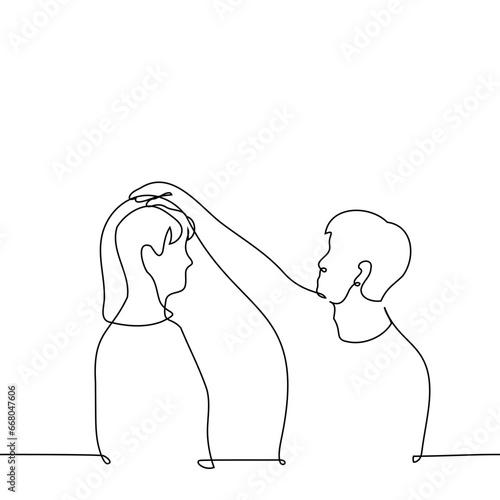 man put his hand on woman's head - one line art vector. concept pat on the head, praise, tenderness, fatherly love