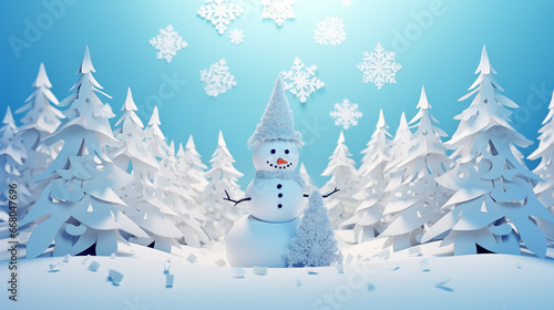 snow winter, a christmas tree, Santa Claus, reindeer, in white paper cut art © sakepaint