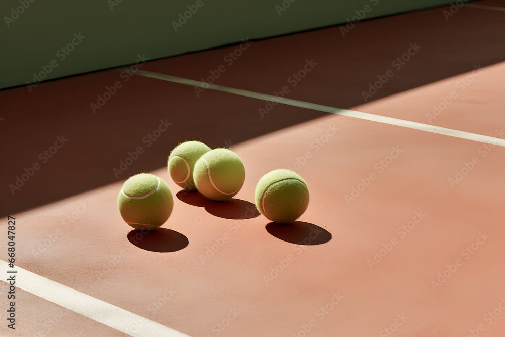 Tennis balls on the tennis court with shadow on the floor