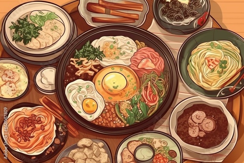 Modern-style illustration of Korean food for various purposes. Generative AI