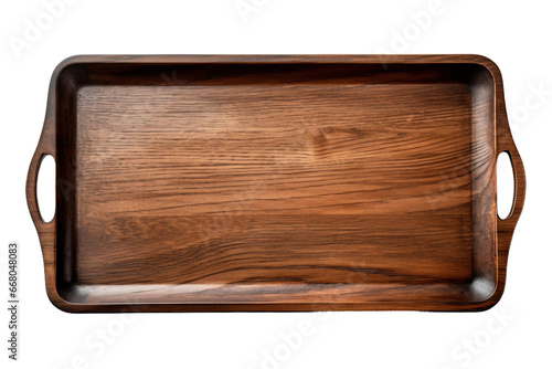 Rustic Wooden Serving Tray with Handles on transparent background.