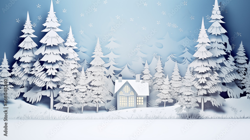 snow winter landscape, christmas tree, little house, in white paper cut art snow winter landscape, christmas tree, little house, in white paper cut art