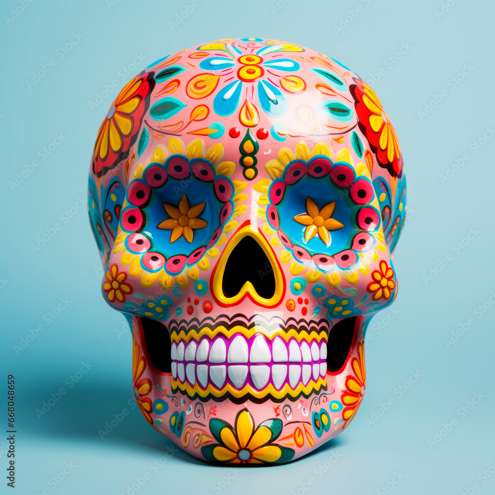 The bright sugarloaf skull is made in Mexican traditions.