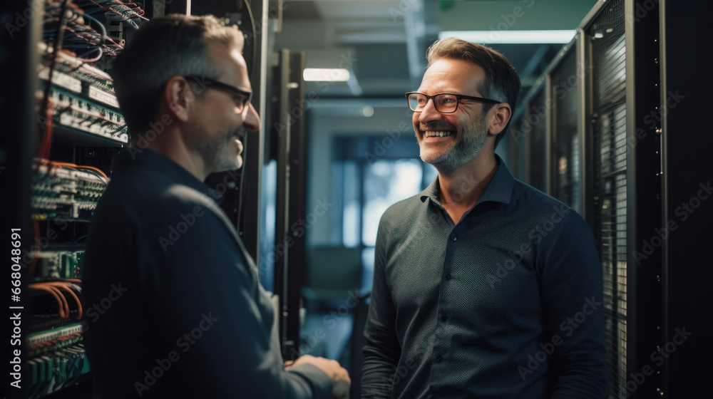 programmer with an engineer working in the database system network room programmer with an engineer working in the database system network room