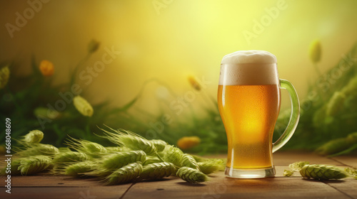 Canvas-taulu hop with barley rice and craft beer glass
