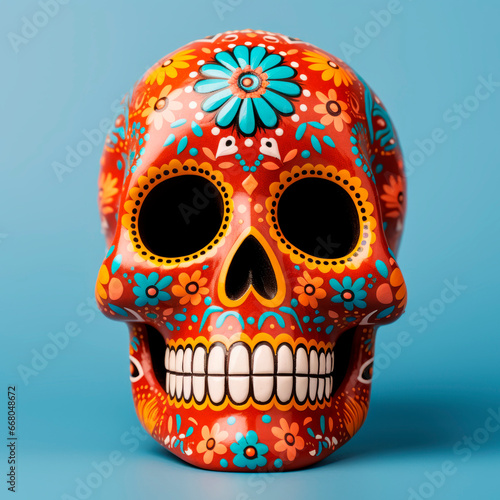 The bright sugarloaf skull is made in Mexican traditions.