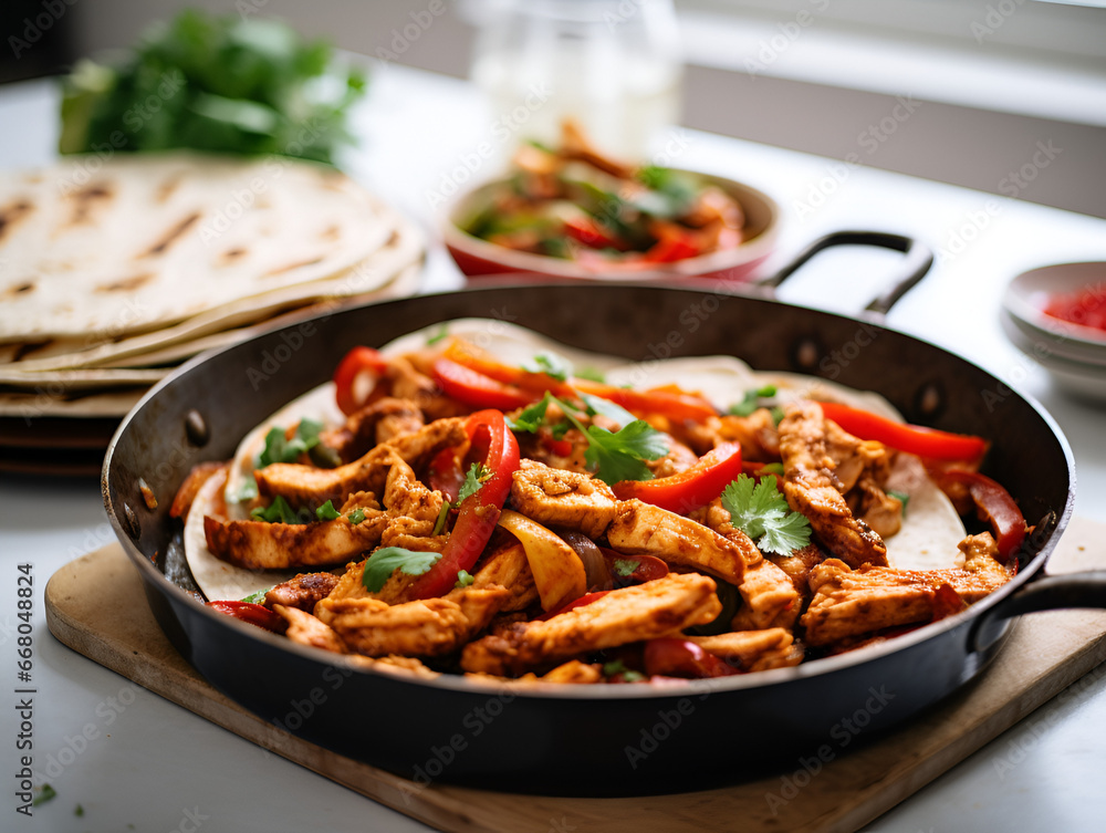 Delicious chicken fajitas in a pan with corn tortillas, blurred kicthen background Delicious chicken fajitas in a pan with corn tortillas, blurred kicthen background