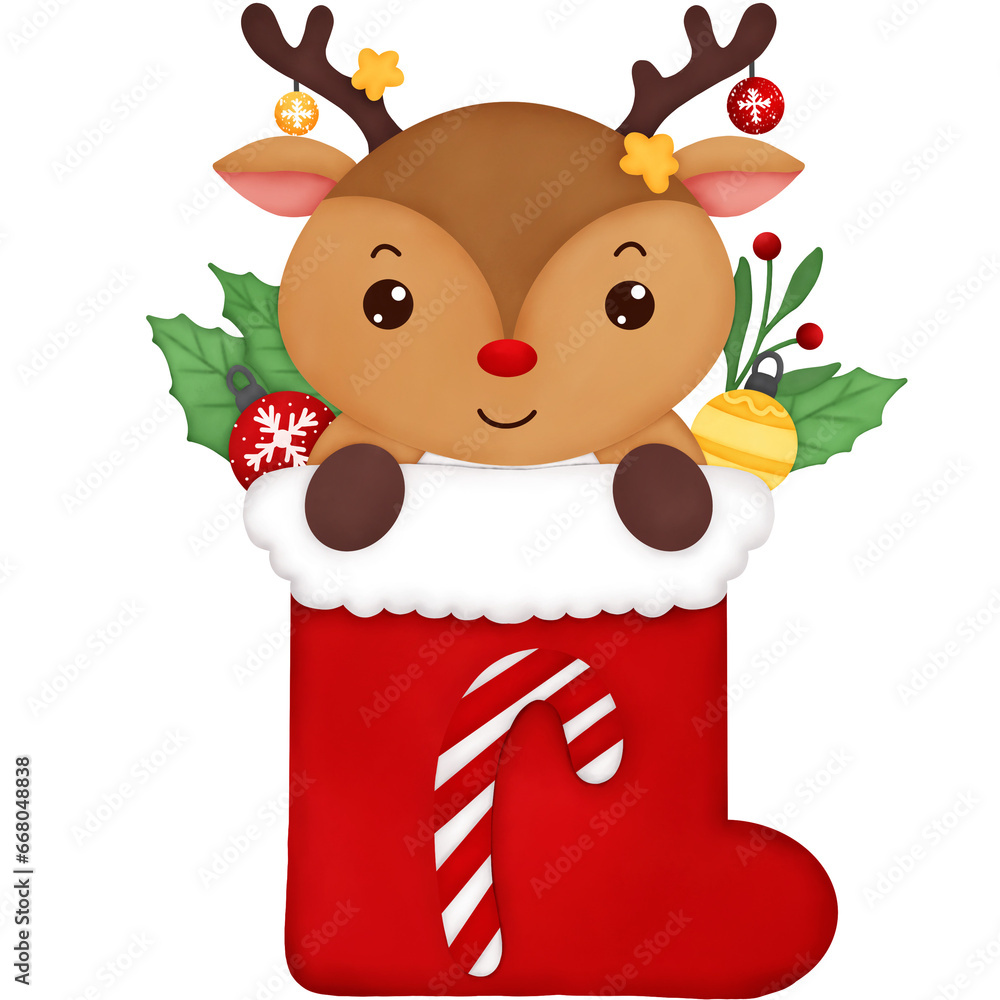 Naklejka premium Watercolor reindeer in red socks with candy cane pattern in socks with decorative balls and leaves