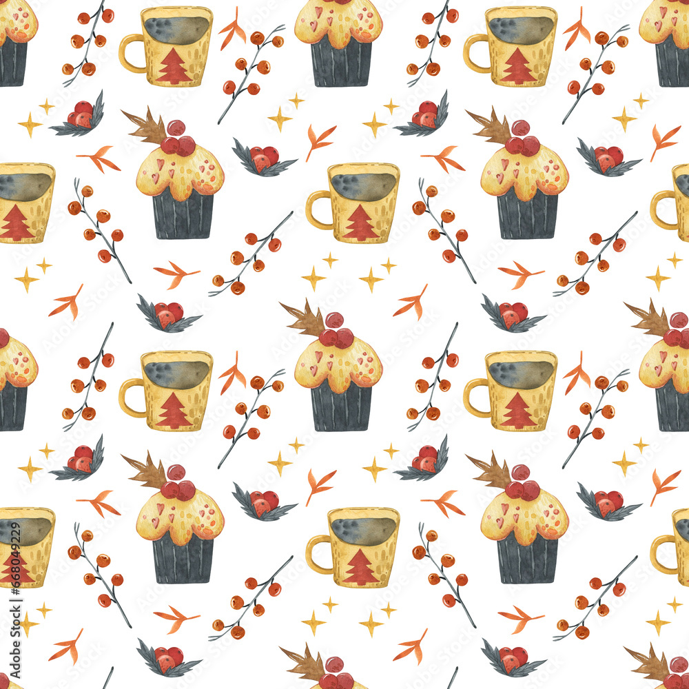 Beautiful watercolor seamless pattern with teapots, cups, cakes, cupcakes, tablecloth flowers, labels. invitation cards, kitchen decor, greeting cards, posters, scrapbooking, print, wallpaper Beautiful watercolor seamless pattern with teapots, cups, cakes, cupcakes, tablecloth flowers, labels. invitation cards, kitchen decor, greeting cards, posters, scrapbooking, print, wallpaper