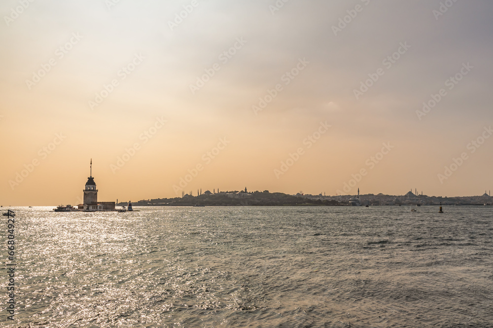  Bosphorus Strait. Sea of Marmara. View of the Maiden Tower, Istanbul, Türkiye; Kyz Kulesi, also known as Leander's Tower (Leandros Tower).