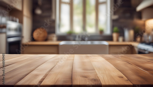 Wooden table with blurred kitchen background.