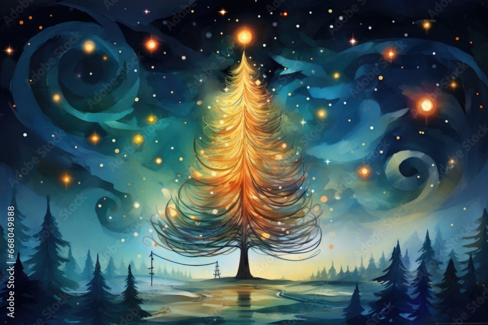 Christmas tree in winter forest, starry night ,full moon. Christmas tree in winter forest, starry night ,full moon.