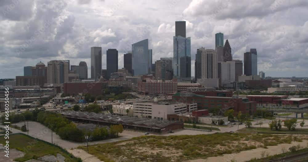 High angle 4k drone view of downtown Houston at sunset High angle 4k drone view of downtown Houston at sunset