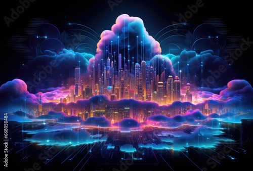 Business city cloud computing technology concept.