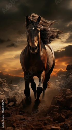 Equine galloping across a sun-drenched, rocky path during a beautiful sunset, AI-generated. photo